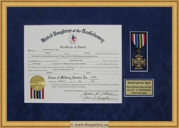The Daughters of the Confederacy certificate with medal






The Gallery at Brookwood
www.thegallery.us
770-941-3394
Your Custom Framing Expert
Picture Framing Examples
Custom Framing Examples
Shadowbox Examples
daughters_of_the_confederacy