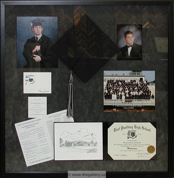 Graduation shadow box with diploma, hat and photos






The Gallery at Brookwood
www.thegallery.us
770-941-3394
Your Custom Framing Expert
Picture Framing Examples
Custom Framing Examples
Shadowbox Examples
high_school_shadow_box_with_diploma