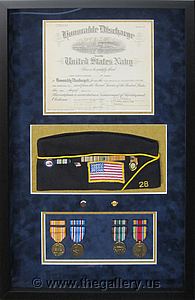 Honorable Discharge Certificate with hat and metals.

The Gallery at Brookwood
www.thegallery.us
770-941-3394
Your Custom Framing Expert
Picture Framing Examples
Custom Framing Examples
Shadowbox Examples