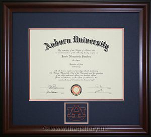 Auburn University with the logo cut into the  mat.

The Gallery at Brookwood
www.thegallery.us
770-941-3394
Your Custom Framing Expert
Picture Framing Examples
Custom Framing Examples
Shadowbox Examples