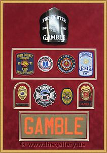 Fire Department retirement shadow box with police badges, patches, ID cards

The Gallery at Brookwood
www.thegallery.us
770-941-3394
Your Custom Framing Expert
Picture Framing Examples
Custom Framing Examples
Shadowbox Examples