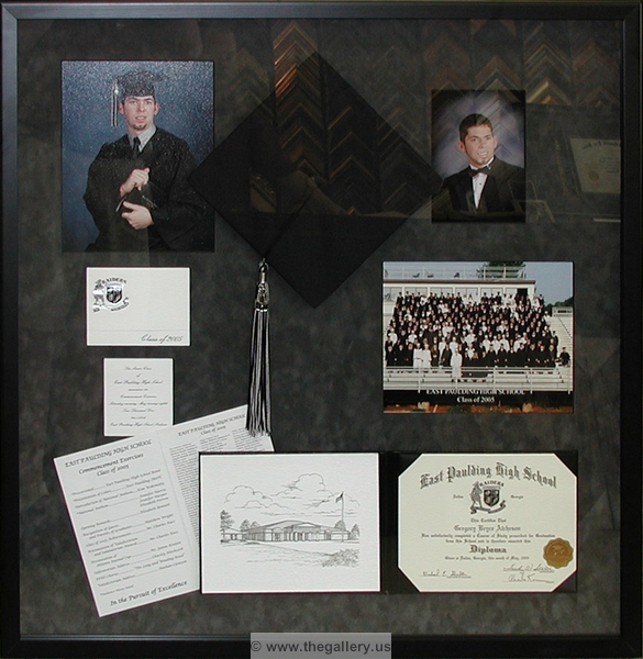 Graduation shadow box with diploma, hat and photos






The Gallery at Brookwood
www.thegallery.us
770-941-3394
Your Custom Framing Expert
Picture Framing Examples
Custom Framing Examples
Shadowbox Examples
high_school_shadow_box_with_diploma