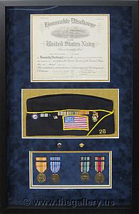 Honorable Discharge Certificate with hat and metals.

The Gallery at Brookwood
www.thegallery.us
770-941-3394
Your Custom Framing Expert
Picture Framing Examples
Custom Framing Examples
Shadowbox Examples