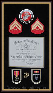 Military shadow box with pins, patches, and certificate.

The Gallery at Brookwood
www.thegallery.us
770-941-3394
Your Custom Framing Expert
Picture Framing Examples
Custom Framing Examples
Shadowbox Examples