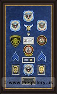 Police Department retirement shadow box
 with police badges, patches, ID cards and lapel pins.
Alpharetta_Frame_Shop.jpg